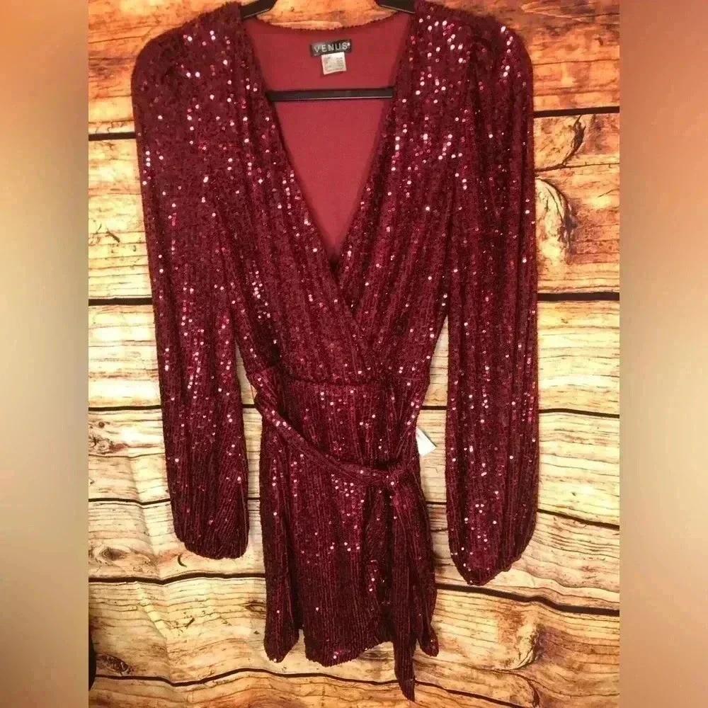 🍒💃🏻Cherry Bomb💃🏻🍒 Red Burgundy Long sleeve Sequin Wrap Dress NWT_3